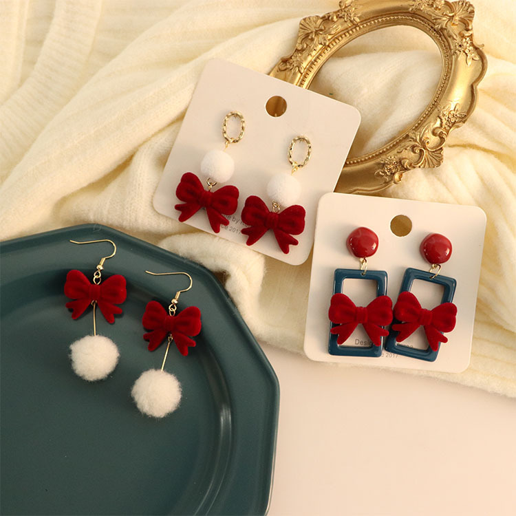 Silver Needle Winter New New New Year Spring Festival Red Velvet Bow Gentle Wool Ball Ear Studs Girly Style Earrings Jewelry
