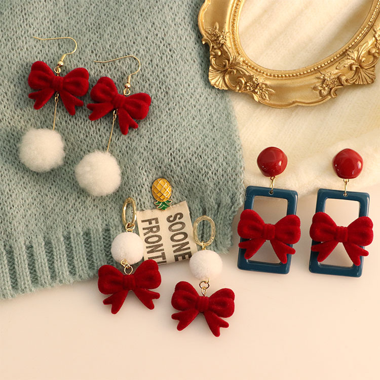 Silver Needle Winter New New New Year Spring Festival Red Velvet Bow Gentle Wool Ball Ear Studs Girly Style Earrings Jewelry