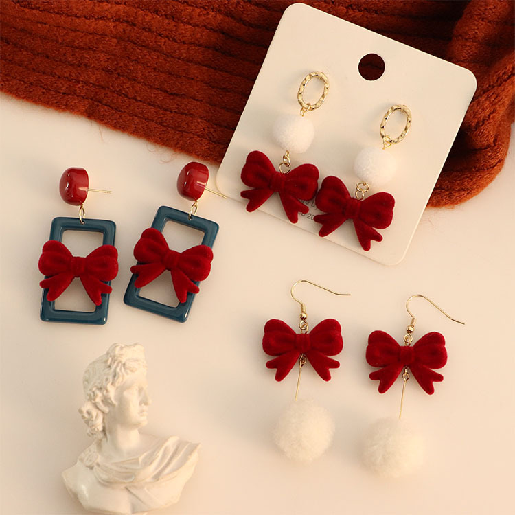 Silver Needle Winter New New New Year Spring Festival Red Velvet Bow Gentle Wool Ball Ear Studs Girly Style Earrings Jewelry