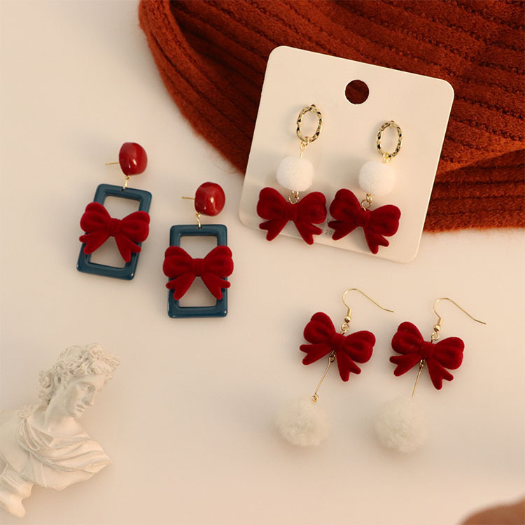 Silver Needle Winter New New New Year Spring Festival Red Velvet Bow Gentle Wool Ball Ear Studs Girly Style Earrings Jewelry
