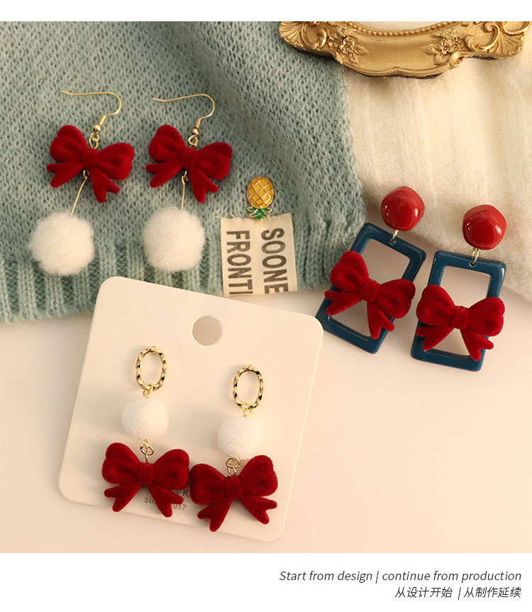 Silver Needle Winter New New New Year Spring Festival Red Velvet Bow Gentle Wool Ball Ear Studs Girly Style Earrings Jewelry