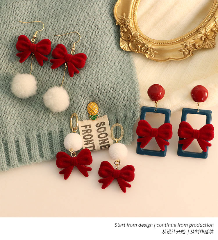 Silver Needle Winter New New New Year Spring Festival Red Velvet Bow Gentle Wool Ball Ear Studs Girly Style Earrings Jewelry