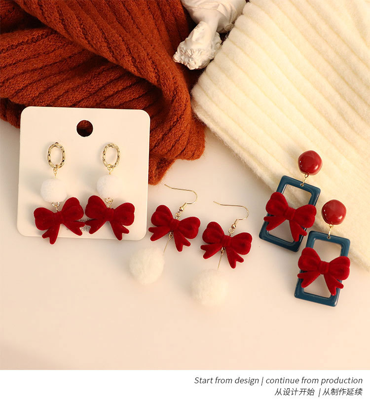 Silver Needle Winter New New New Year Spring Festival Red Velvet Bow Gentle Wool Ball Ear Studs Girly Style Earrings Jewelry