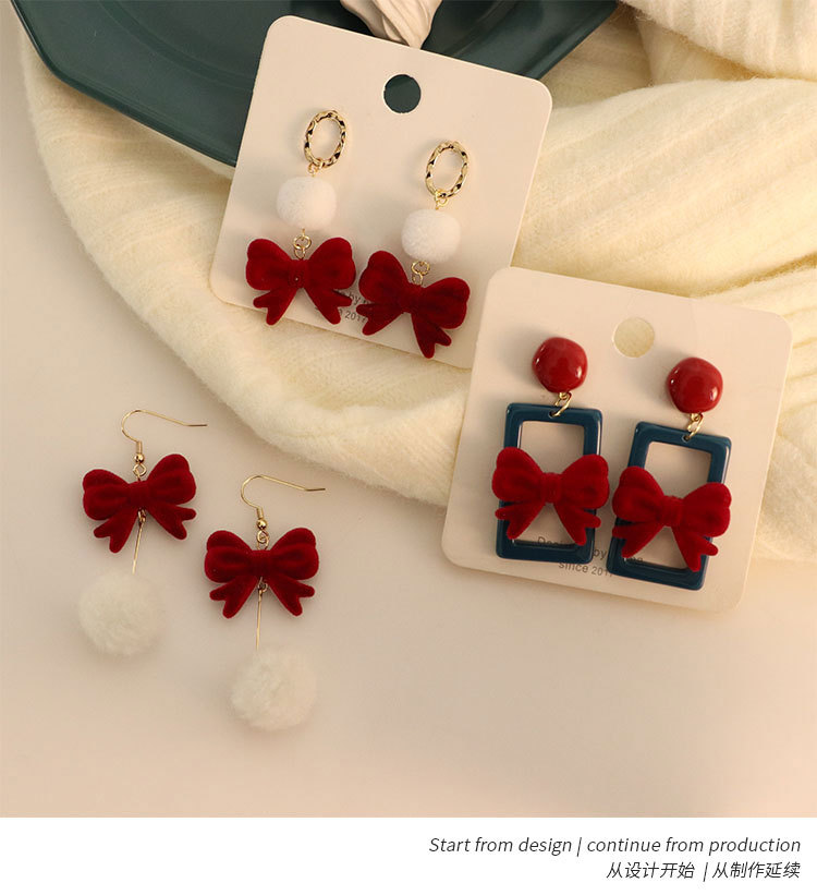 Silver Needle Winter New New New Year Spring Festival Red Velvet Bow Gentle Wool Ball Ear Studs Girly Style Earrings Jewelry