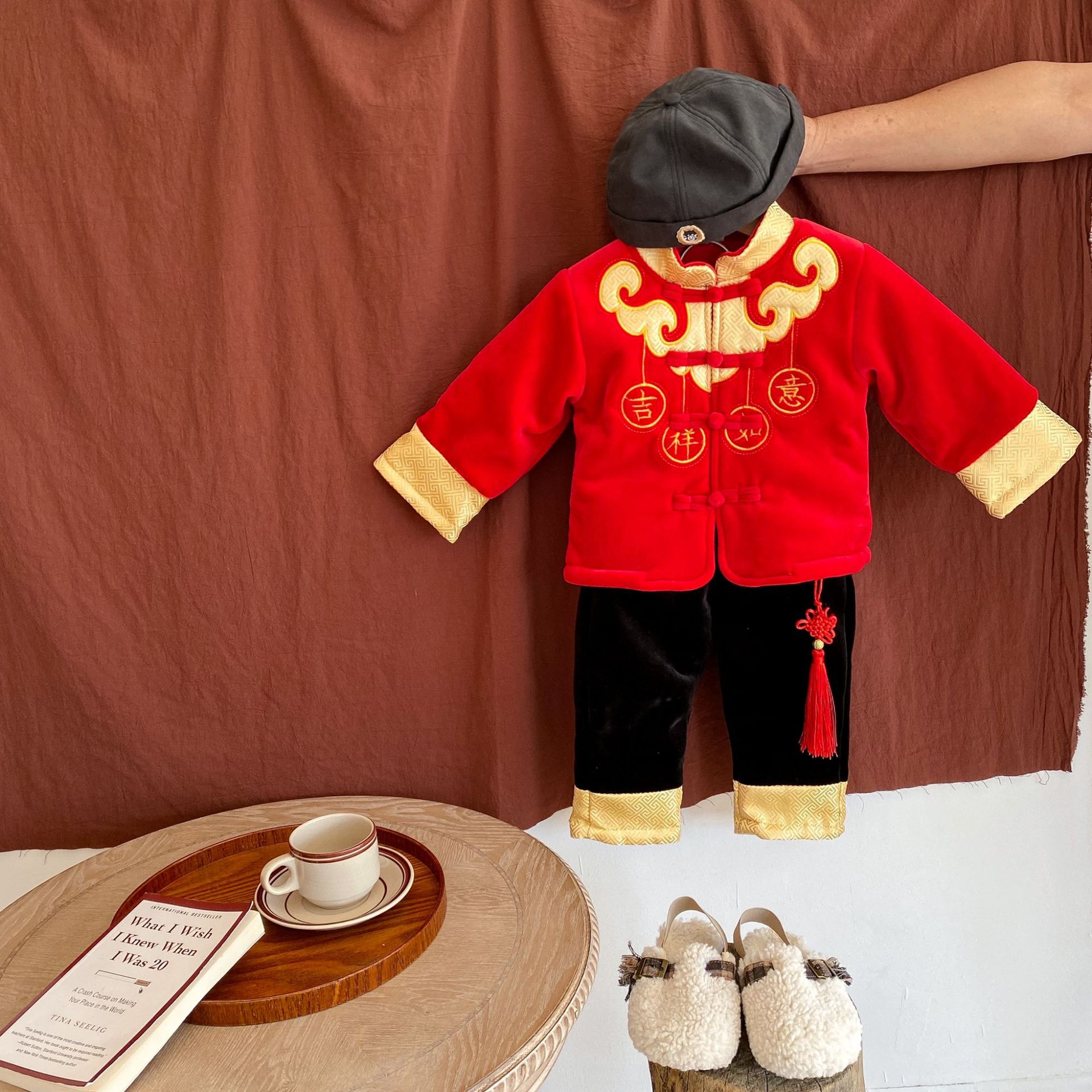Children&#039;s New Spring Festival Men&#039;s and Women&#039;s Baby plus Velvet Thickened Two-Piece Suit Elegant Chinese Style Satin Embroidery New Year New Year Clothes