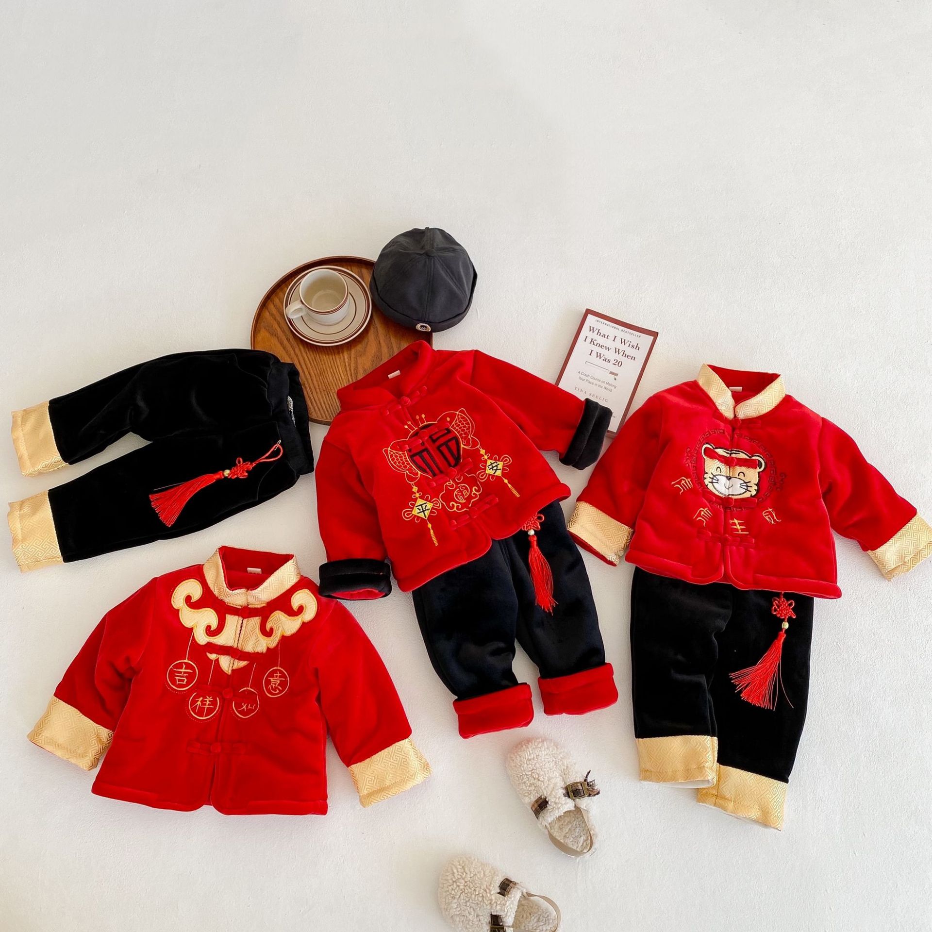 Children's New Spring Festival Men's and Women's Baby plus Velvet Thickened Two-Piece Suit Elegant Chinese Style Satin Embroidery New Year New Year Clothes Children's New Spring Festival Men's and Women's Baby plus Velvet Thickened Two-Piece Suit Elegant Chinese Style Satin Embroidery New Year New Year Clothes