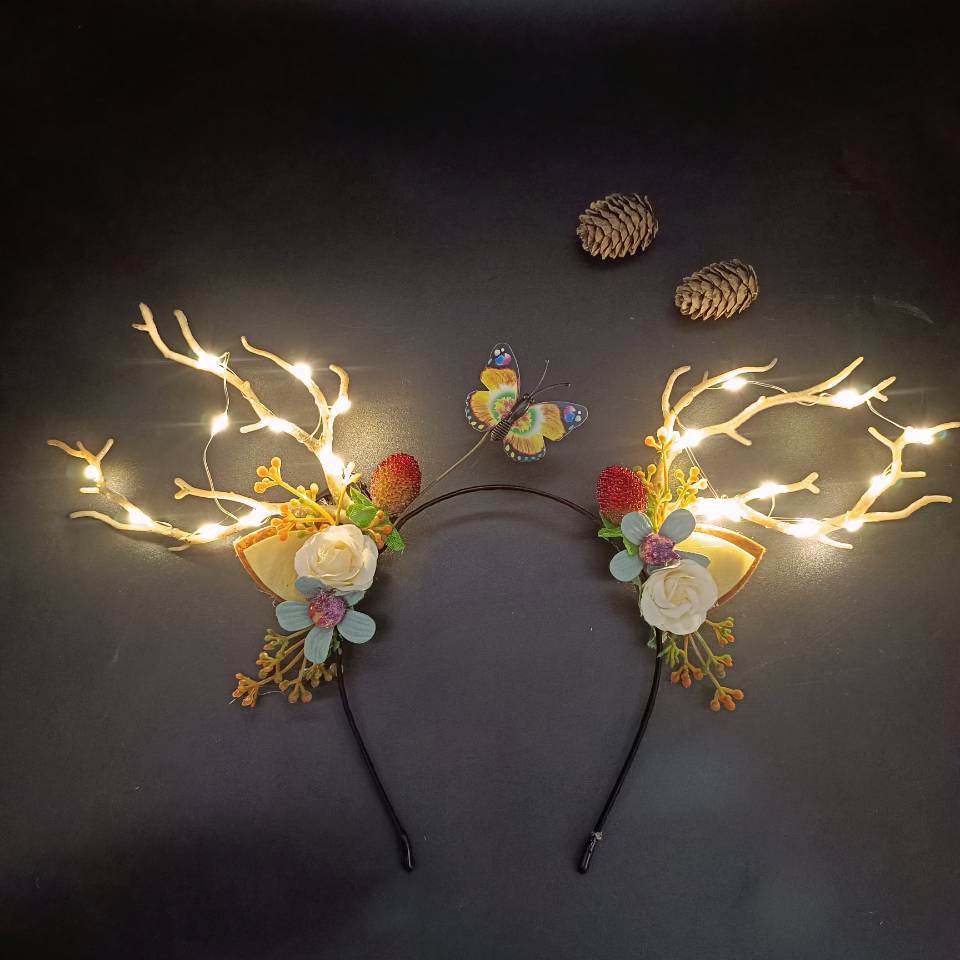 Cross-Border New Arrival Christmas Headband Luminous Elk Berry Antlers Headdress Party Show Factory Direct Supply