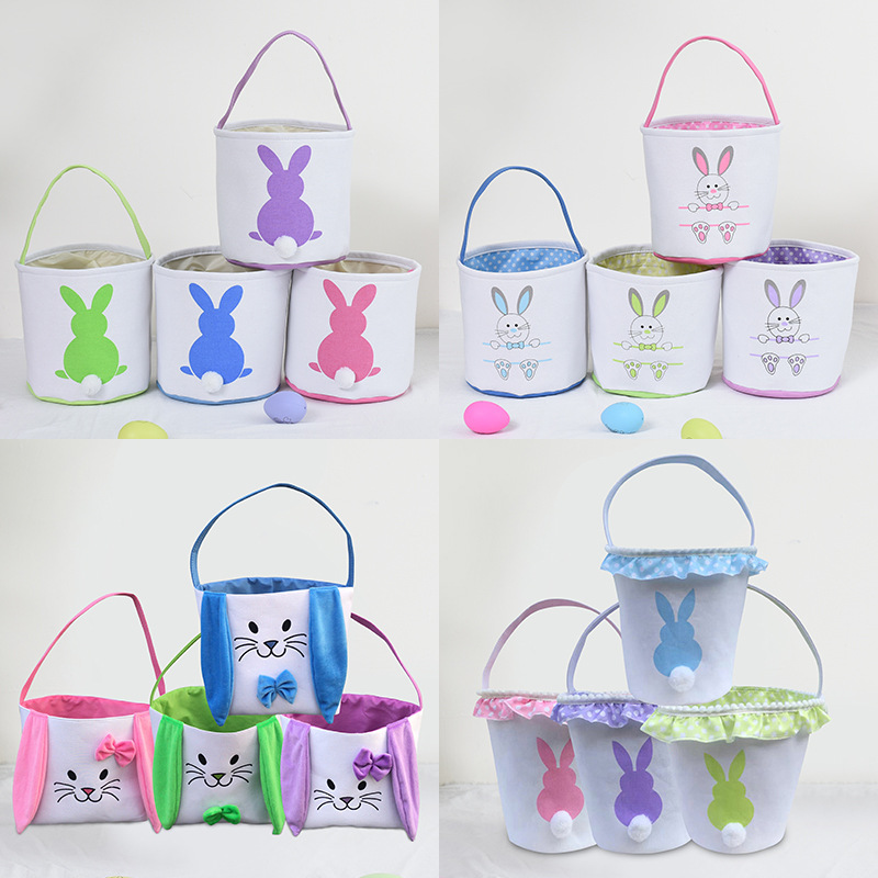 2022 New Easter Basket Egg Decorations Fluffy Rabbit Tail Rabbit Storage Basket Hand Bucket Wholesale