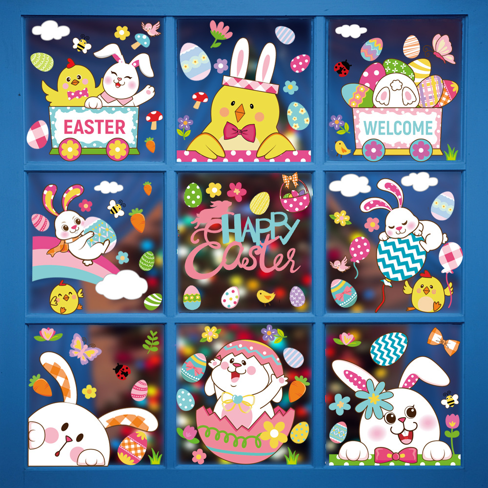 Cross-Border Amazon Easter Stickers Rabbit Egg Cute Cartoon Wall Stickers Easter Decorative Static Stickers