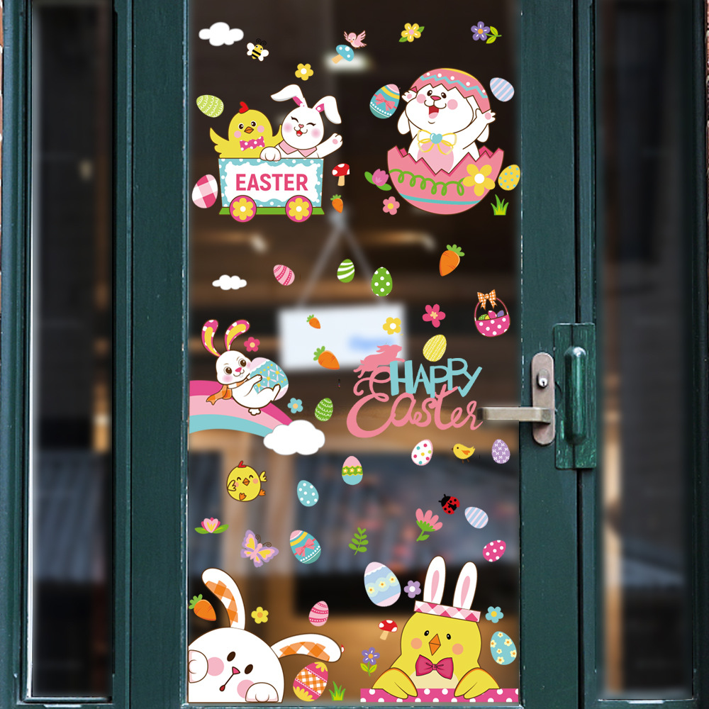 Cross-Border Amazon Easter Stickers Rabbit Egg Cute Cartoon Wall Stickers Easter Decorative Static Stickers