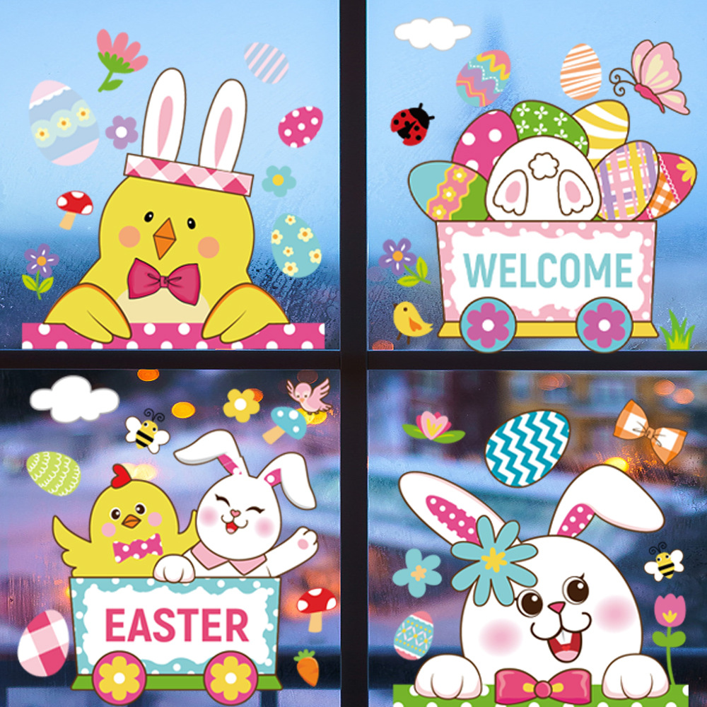 Cross-Border Amazon Easter Stickers Rabbit Egg Cute Cartoon Wall Stickers Easter Decorative Static Stickers