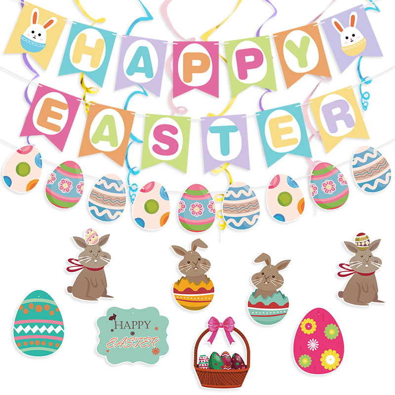 Easter Happy Easter Egg Rabbit Spiral PVC Rabbit Color String Paper Flag Colorful Egg Paper Flower
