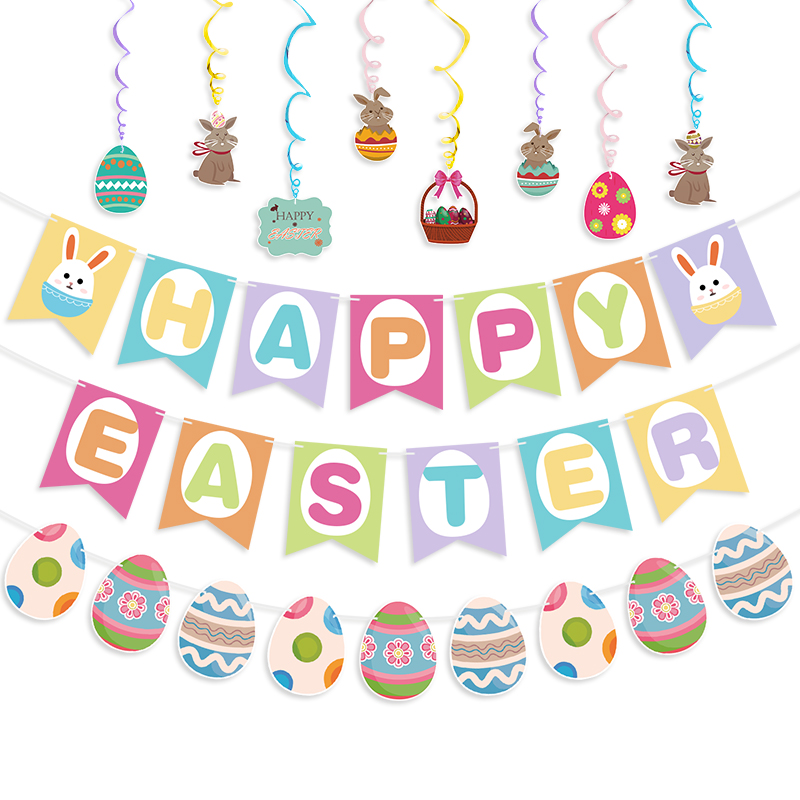 Easter Happy Easter Egg Rabbit Spiral PVC Rabbit Color String Paper Flag Colorful Egg Paper Flower