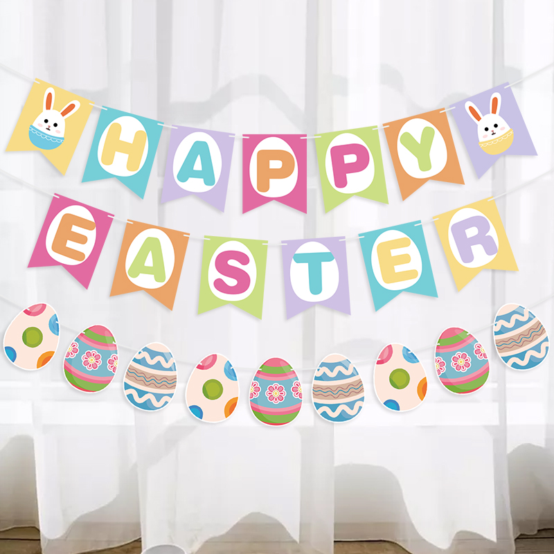 Easter Happy Easter Egg Rabbit Spiral PVC Rabbit Color String Paper Flag Colorful Egg Paper Flower