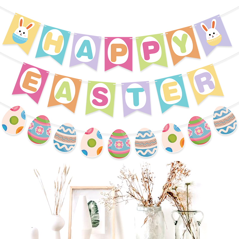 Easter Happy Easter Egg Rabbit Spiral PVC Rabbit Color String Paper Flag Colorful Egg Paper Flower
