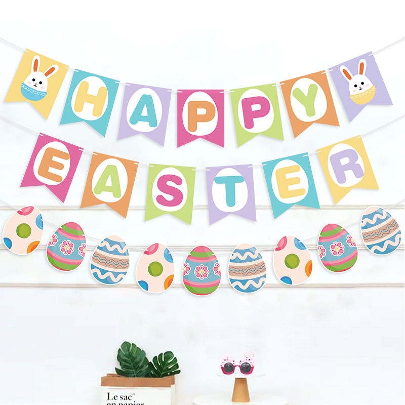 Easter Happy Easter Egg Rabbit Spiral PVC Rabbit Color String Paper Flag Colorful Egg Paper Flower