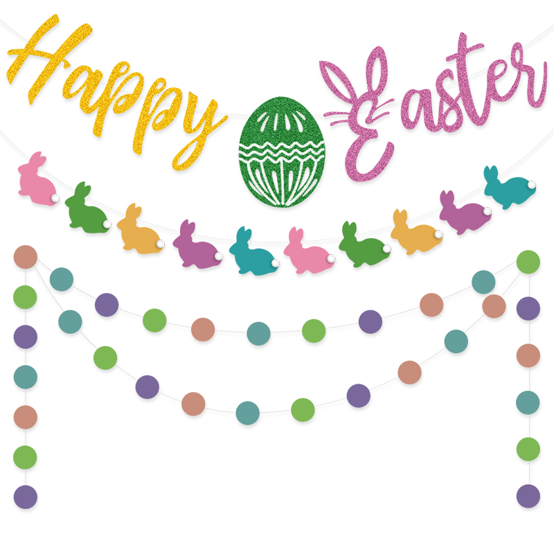 Easter Glitter Green Egg Happy Easter Fancy Paper Rabbit String Flags 2M Color Wafer Paper Flower