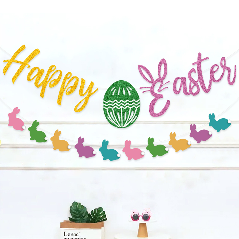 Easter Glitter Green Egg Happy Easter Fancy Paper Rabbit String Flags 2M Color Wafer Paper Flower