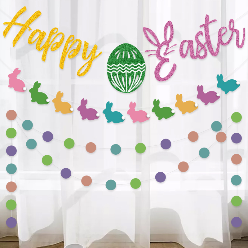 Easter Glitter Green Egg Happy Easter Fancy Paper Rabbit String Flags 2M Color Wafer Paper Flower