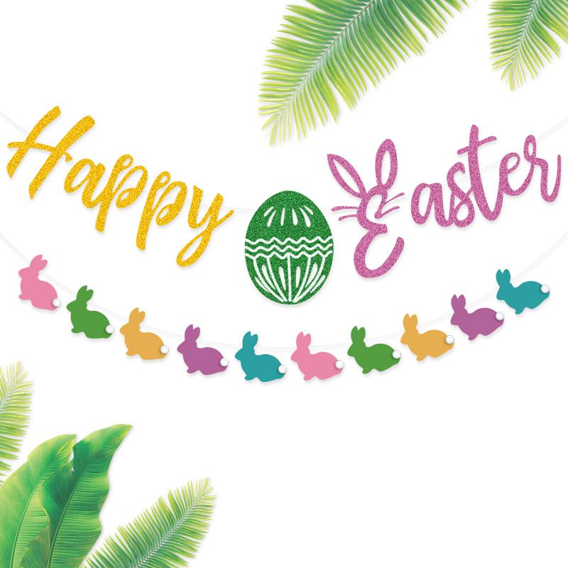 Easter Glitter Green Egg Happy Easter Fancy Paper Rabbit String Flags 2M Color Wafer Paper Flower