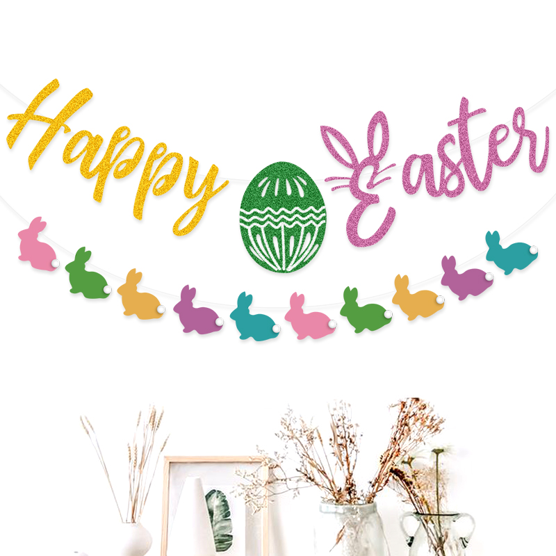 Easter Glitter Green Egg Happy Easter Fancy Paper Rabbit String Flags 2M Color Wafer Paper Flower