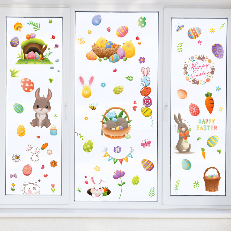 Xi Pan Stickers Foreign Trade Amazon Easter Glue-Free Static Sticker Glass Doors And Windows Creative Egg Rabbit Stickers