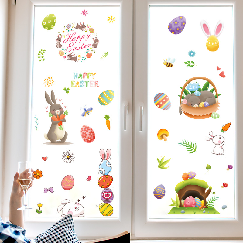 Xi Pan Stickers Foreign Trade Amazon Easter Glue-Free Static Sticker Glass Doors And Windows Creative Egg Rabbit Stickers