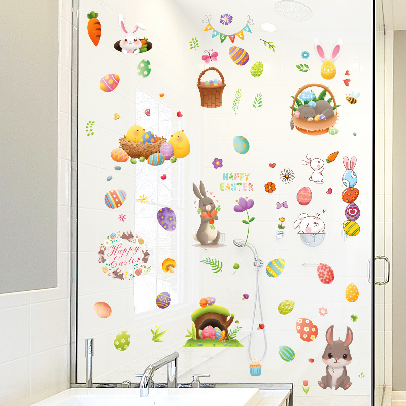 Xi Pan Stickers Foreign Trade Amazon Easter Glue-Free Static Sticker Glass Doors And Windows Creative Egg Rabbit Stickers