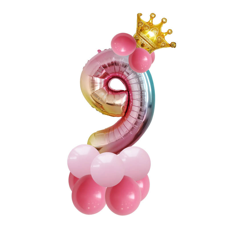 Amazon Foreign Trade New Gradient Color 32-Inch Aluminum Film Digital Balloon Crown Birthday Party Decoration Landscape Road Guide Set