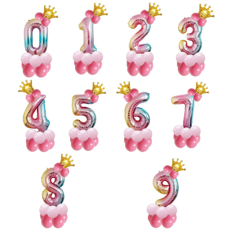 Amazon Foreign Trade New Gradient Color 32-Inch Aluminum Film Digital Balloon Crown Birthday Party Decoration Landscape Road Guide Set