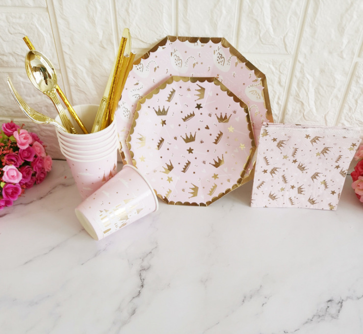 Pink Castle Crown Paper Pallet Paper Cup Tissue Pink Party Plate Birthday Paper Plate for Cake Paper Pallet Plate
