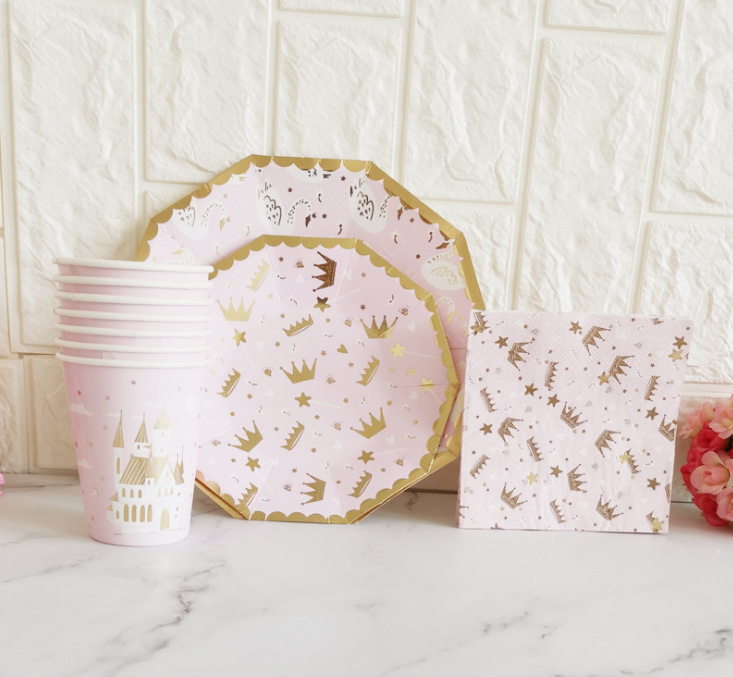 Pink Castle Crown Paper Pallet Paper Cup Tissue Pink Party Plate Birthday Paper Plate for Cake Paper Pallet Plate
