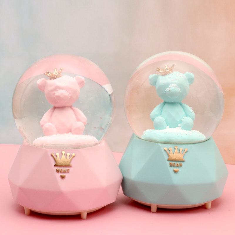 Crown Bear Music Box Crystal Ball Music Box Pink Blue Floating Snowflake for Lovers Pedology Birthday Gift