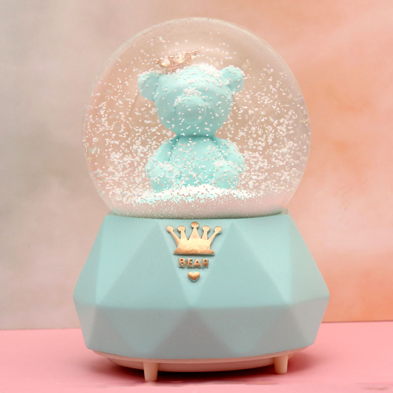 Crown Bear Music Box Crystal Ball Music Box Pink Blue Floating Snowflake for Lovers Pedology Birthday Gift