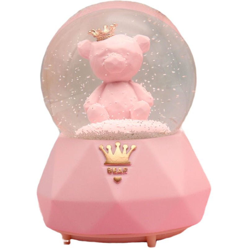Crown Bear Music Box Crystal Ball Music Box Pink Blue Floating Snowflake for Lovers Pedology Birthday Gift