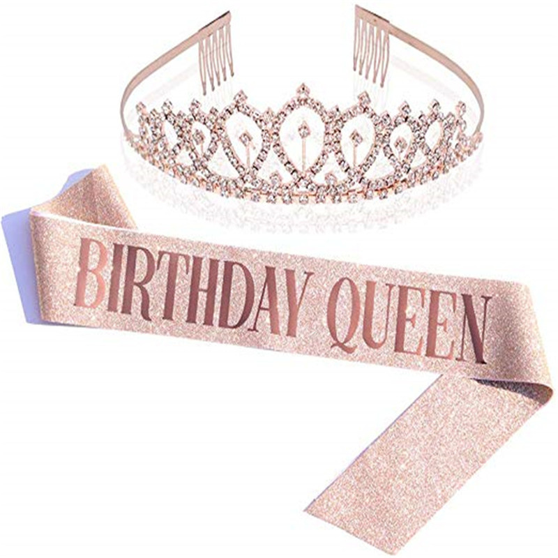 Hot Sale Birthday Party Shoulder Strap Set Birthday Girl Ceremony Band Crown Rose Gold Powder Cloth Shoulder Strap