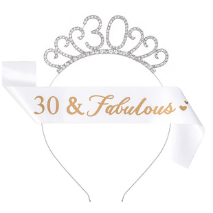 Birthday Party Number Crown Hair Clasp Shoulder Strap Etiquette Belt Set 18 21 30 40 50 60 70 Three Colors