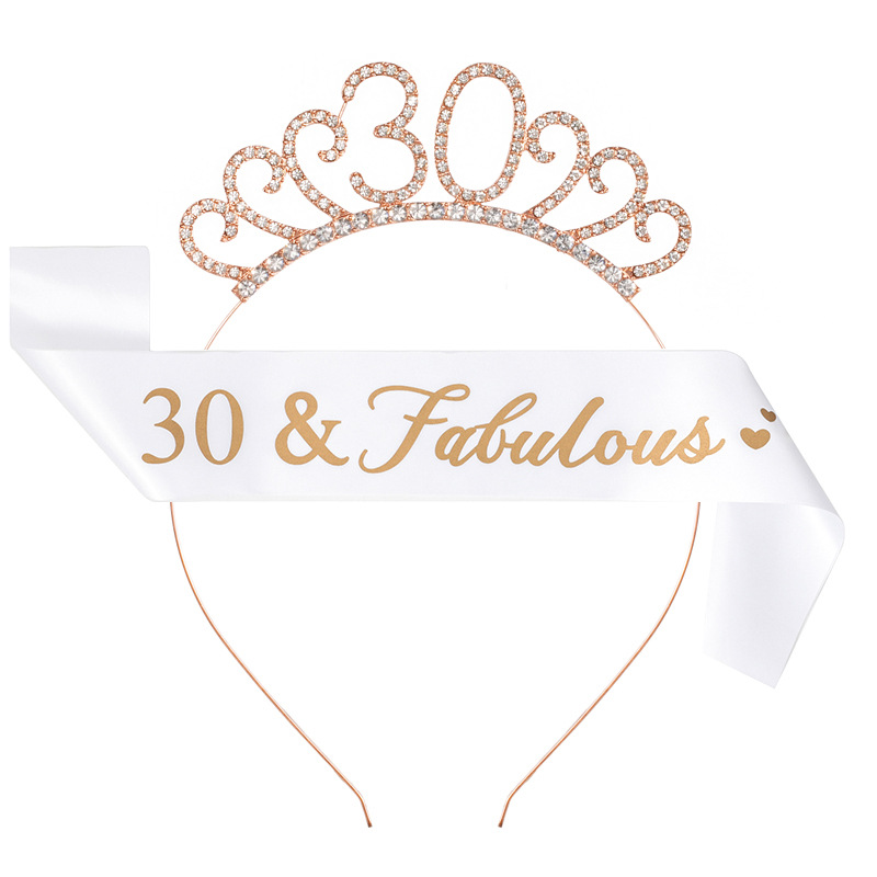 Birthday Party Number Crown Hair Clasp Shoulder Strap Etiquette Belt Set 18 21 30 40 50 60 70 Three Colors