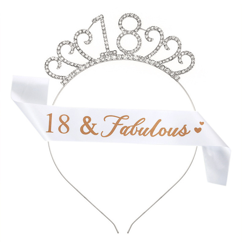 Birthday Party Number Crown Hair Clasp Shoulder Strap Etiquette Belt Set 18 21 30 40 50 60 70 Three Colors