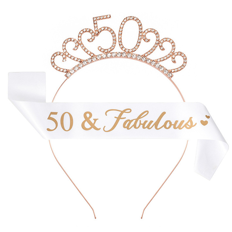 Birthday Party Number Crown Hair Clasp Shoulder Strap Etiquette Belt Set 18 21 30 40 50 60 70 Three Colors
