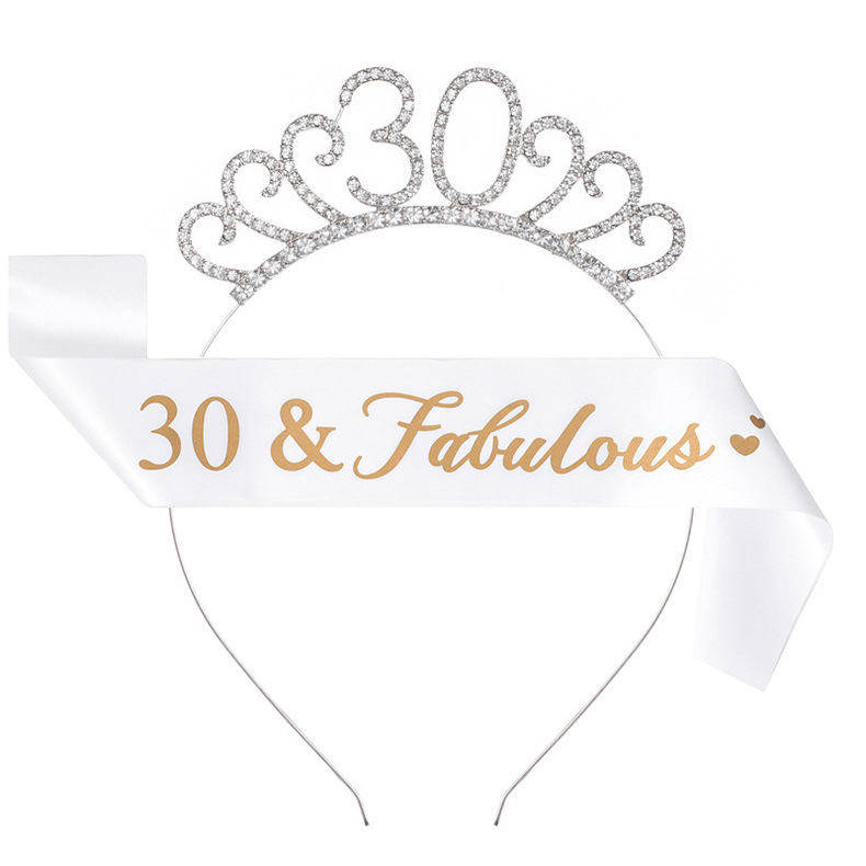 Birthday Party Number Crown Hair Clasp Shoulder Strap Etiquette Belt Set 18 21 30 40 50 60 70 Three Colors