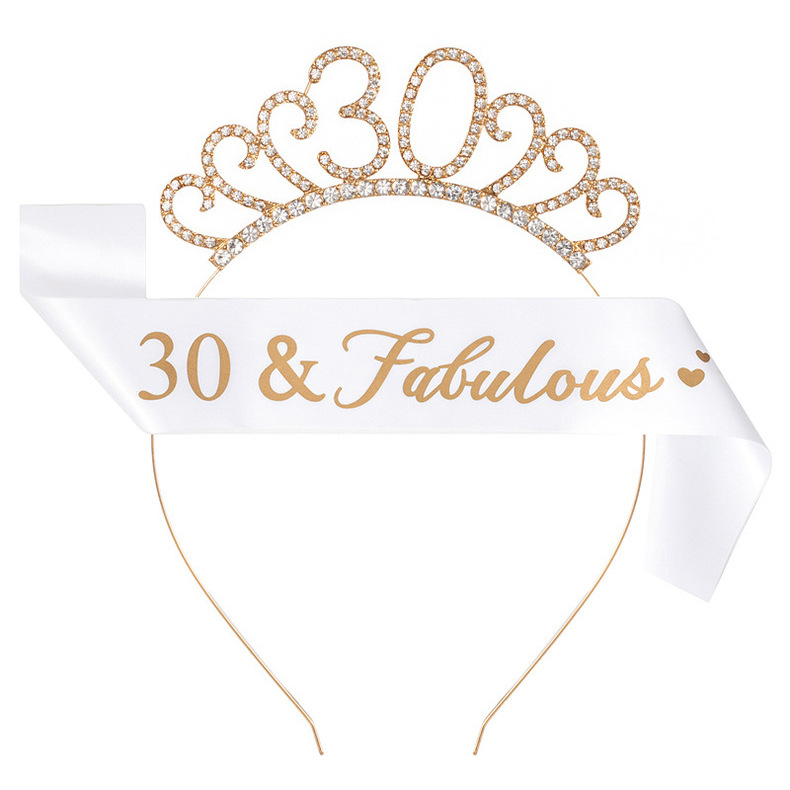 Birthday Party Number Crown Hair Clasp Shoulder Strap Etiquette Belt Set 18 21 30 40 50 60 70 Three Colors