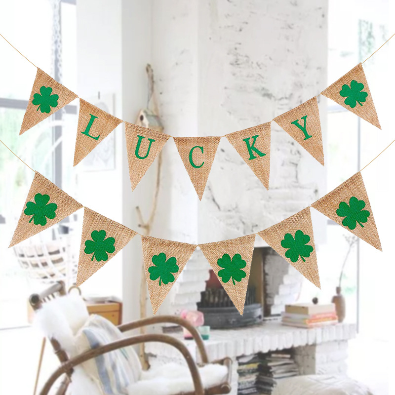 Carnival Party Decoration String Flags Four-Leaf Clover Lucky Pennant Four-Leaf Clover Triangle Linen Hanging Flag Carnival Party Decoration String Flags Four-Leaf Clover Lucky Pennant Four-Leaf Clover Triangle Linen Hanging Flag