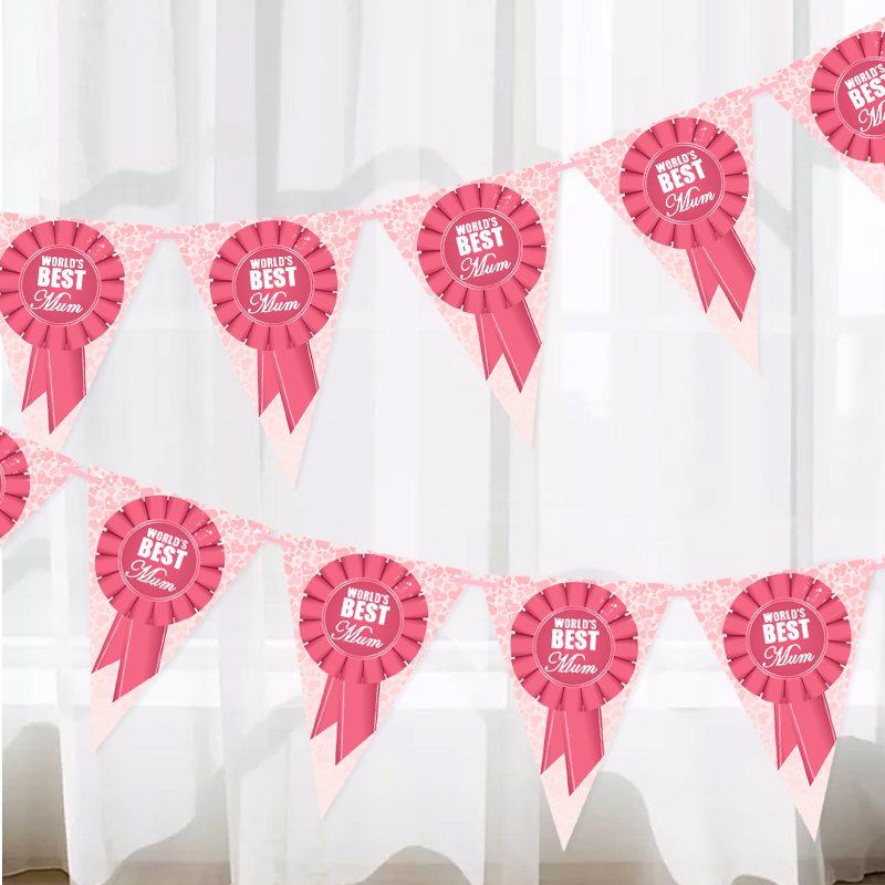 Mother&#039;s Day Party Decoration Banner String Flags Pink WORLD&#039;S BEST Mum Triangle Pull Flag Made by Paper