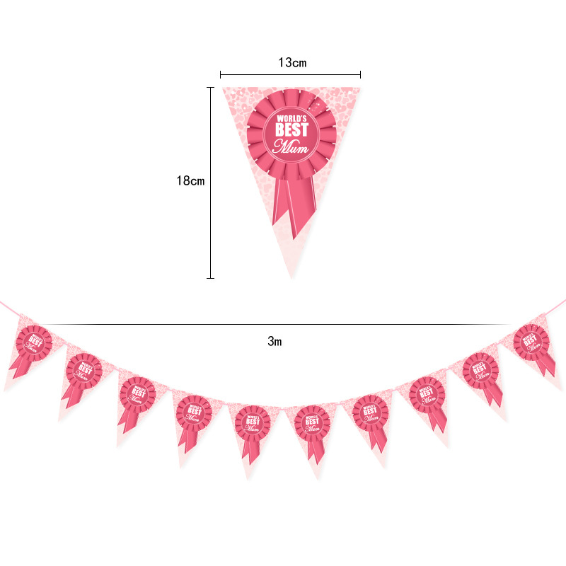 Mother's Day Party Decoration Banner String Flags Pink WORLD'S BEST Mum Triangle Pull Flag Made by Paper