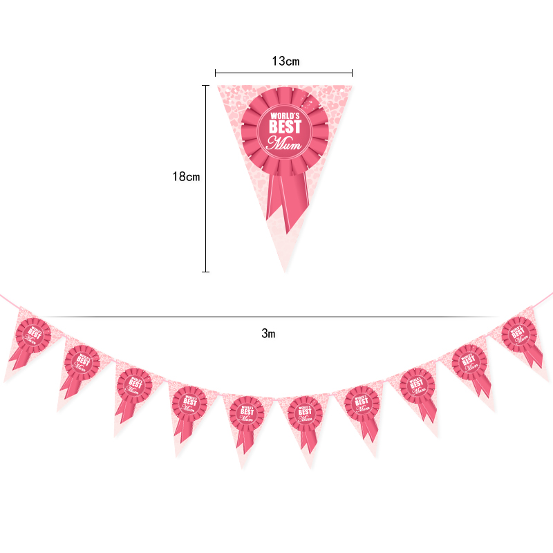 Mother's Day Party Decoration Banner String Flags Pink WORLD'S BEST Mum Triangle Pull Flag Made by Paper