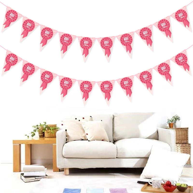 Mother's Day Party Decoration Banner String Flags Pink WORLD'S BEST Mum Triangle Pull Flag Made by Paper