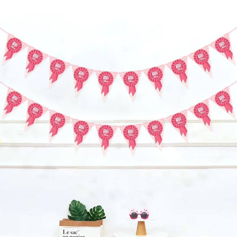 Mother's Day Party Decoration Banner String Flags Pink WORLD'S BEST Mum Triangle Pull Flag Made by Paper