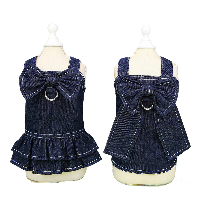 Spring and Summer Pet Clothes Big Bow Tie Denim Suit Can Be Hung Hand Holding Rope Pomeranian Pet Dog Clothing Cross-Border Direct Sales