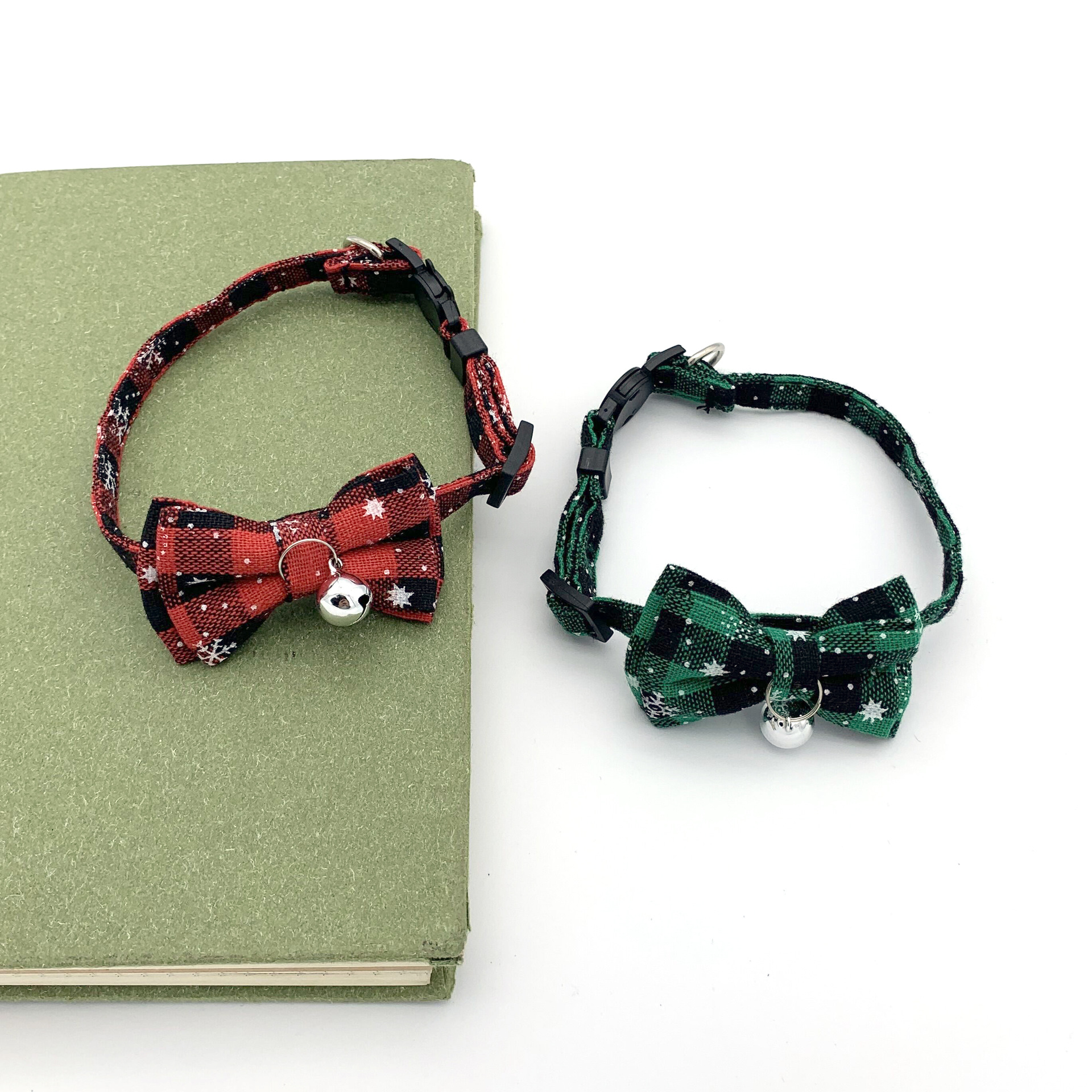 2021 New Plaid Collar Pet Bell Collar Bow Patch Christmas Style Cat Dog Collar Cross-Border